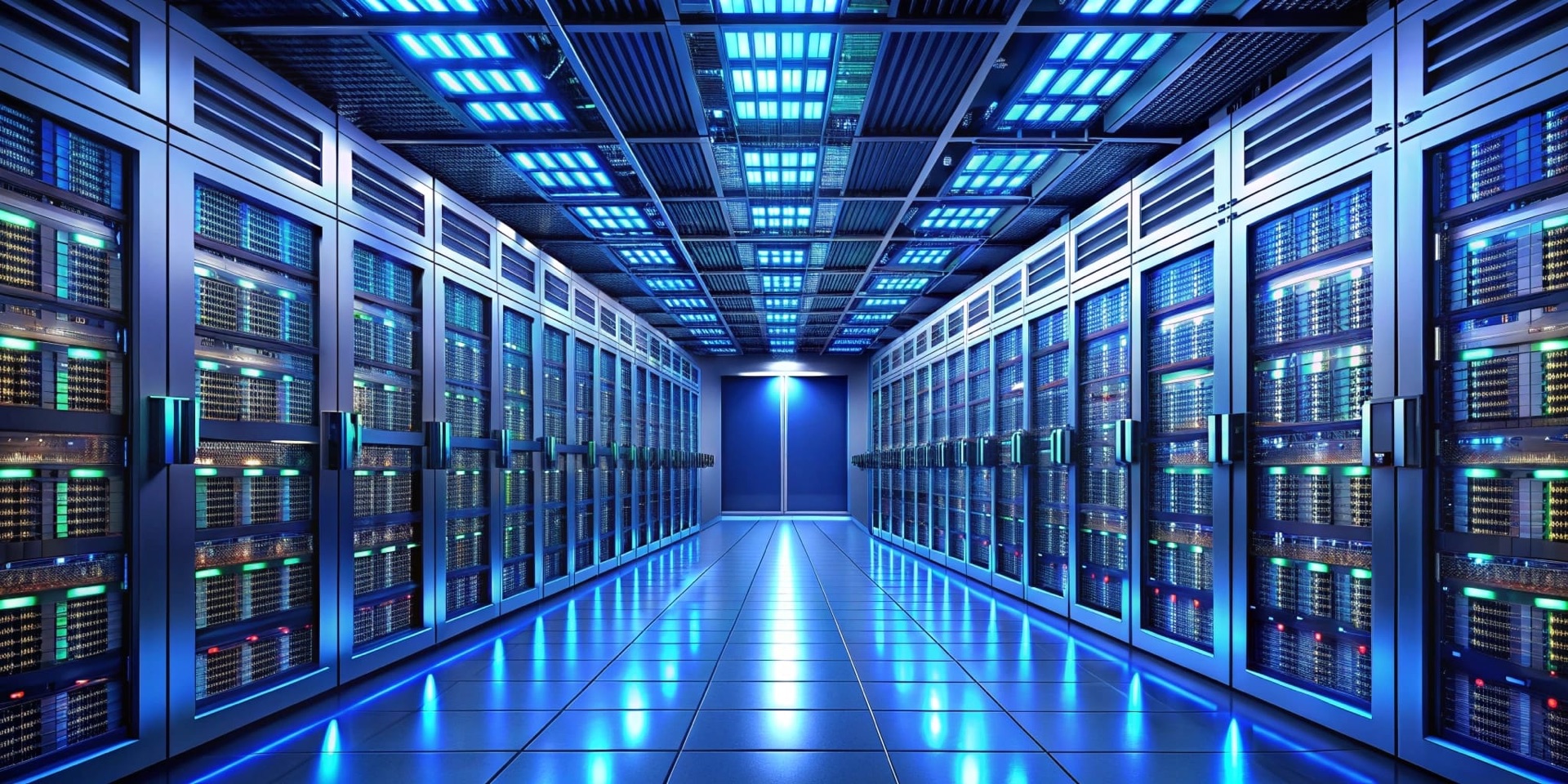Rows of illuminated server racks in a data centre, representing cloud hosting regions